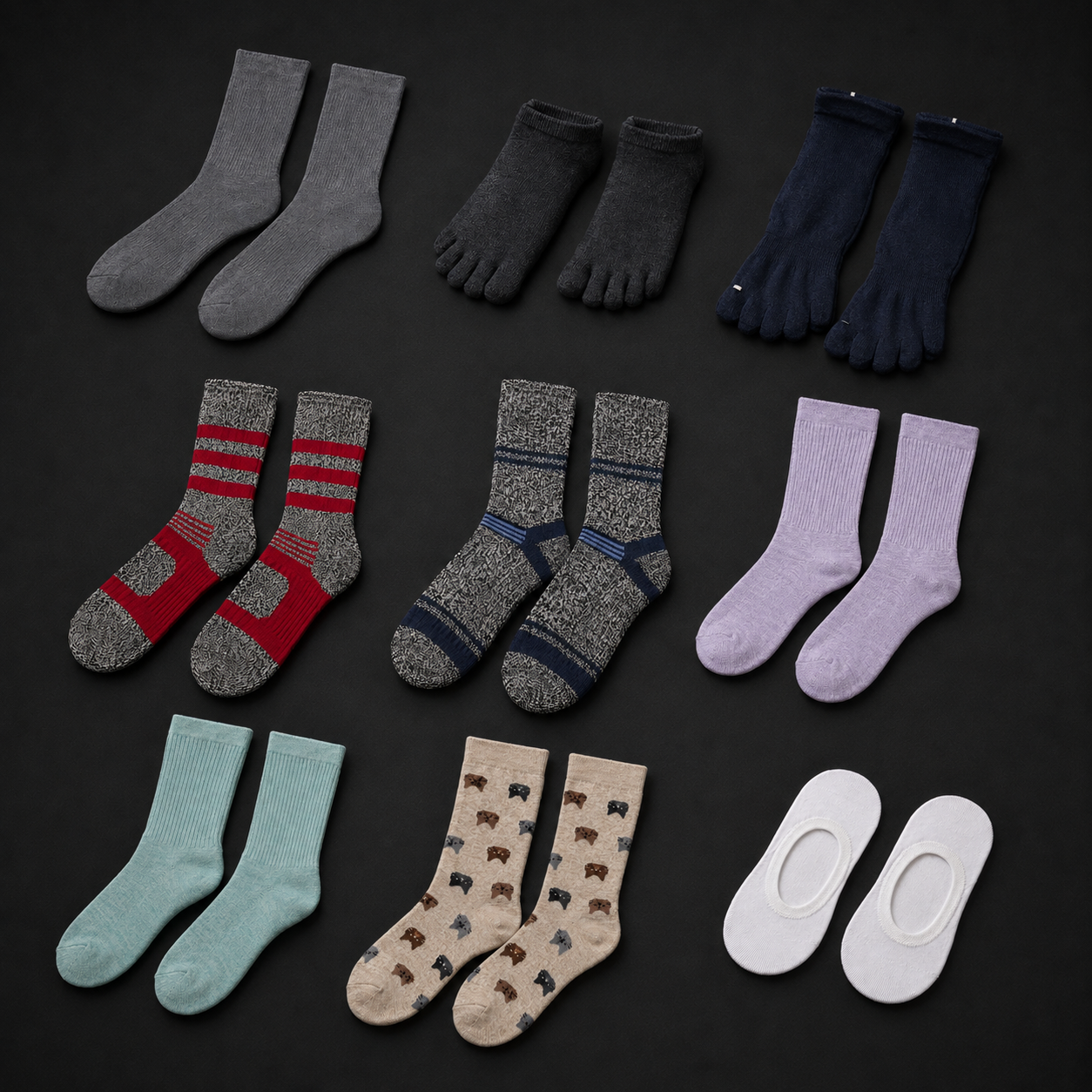 HOTPOT sock collection including everyday, outdoor, toe and no-show socks