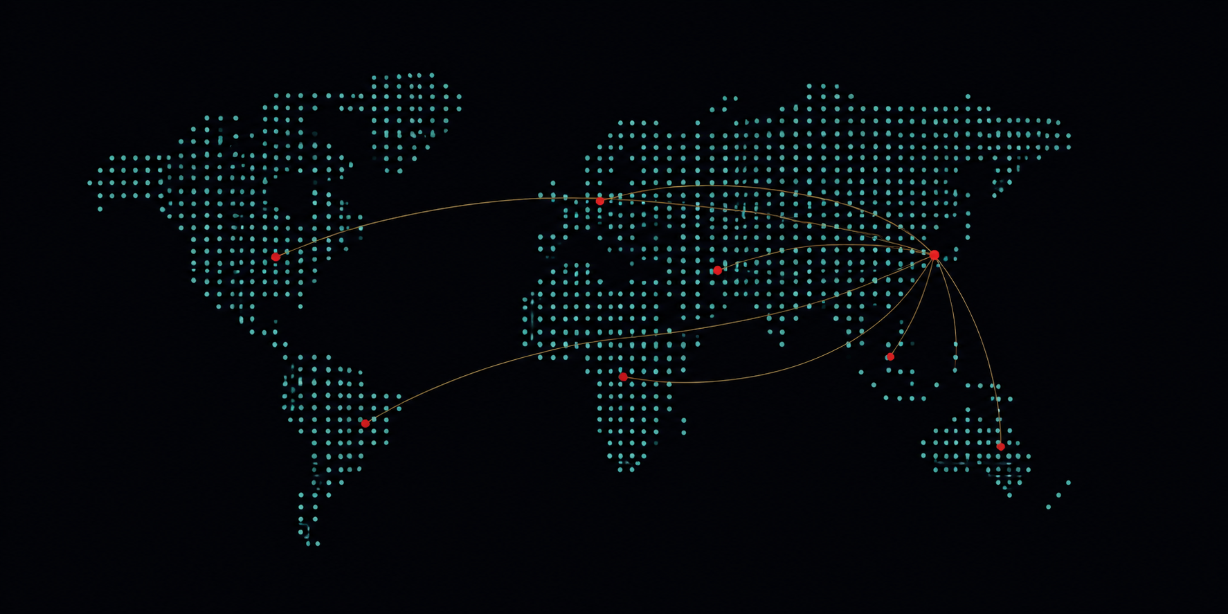 A simplified sparse cyan dot world map with thin trade routes from Seoul